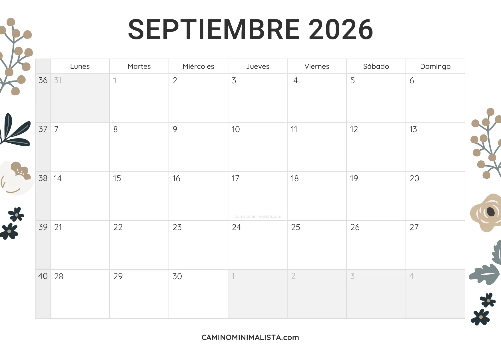 calendario septiembre 2026 diseño vintage