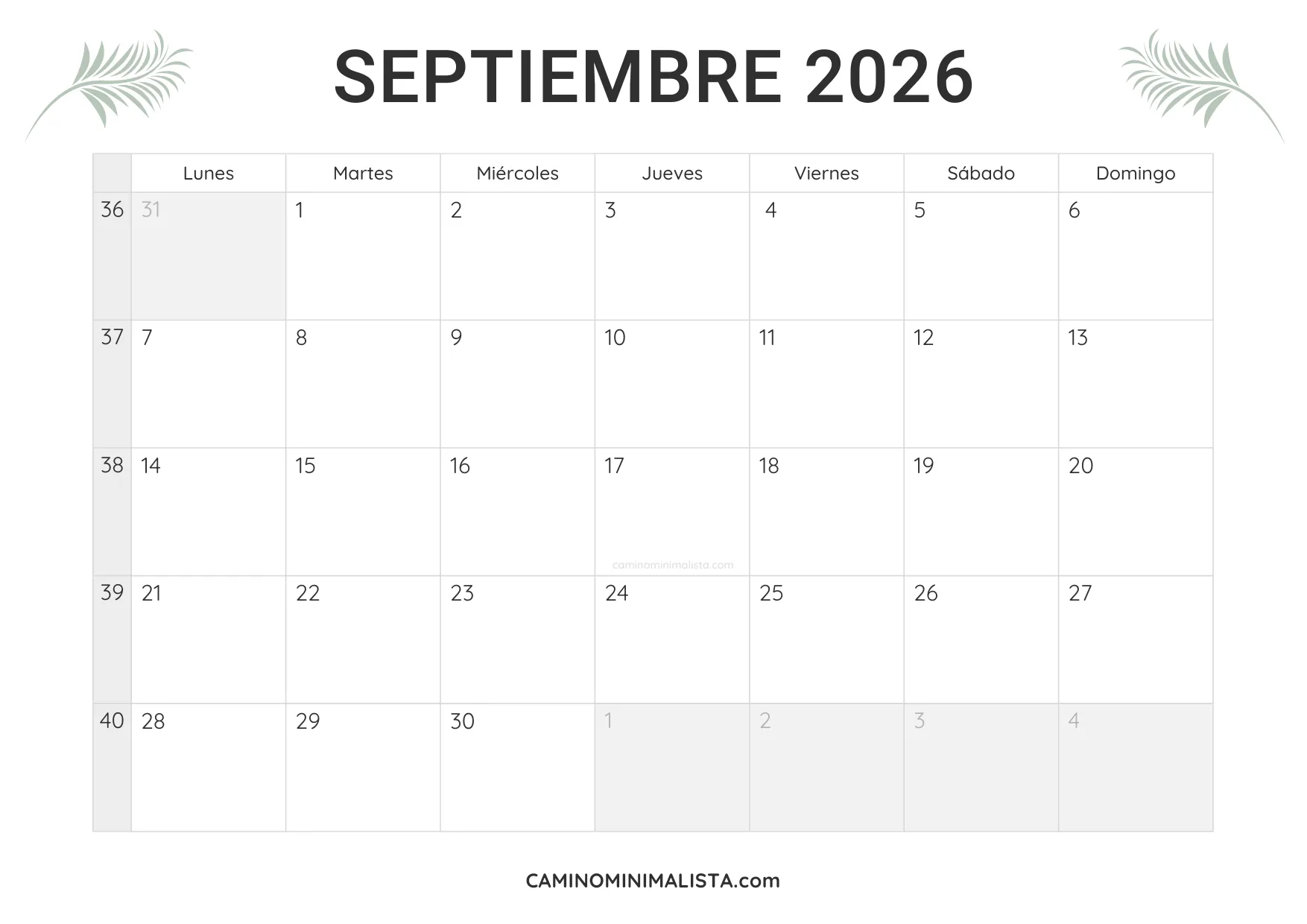 calendario septiembre 2026 minimalista