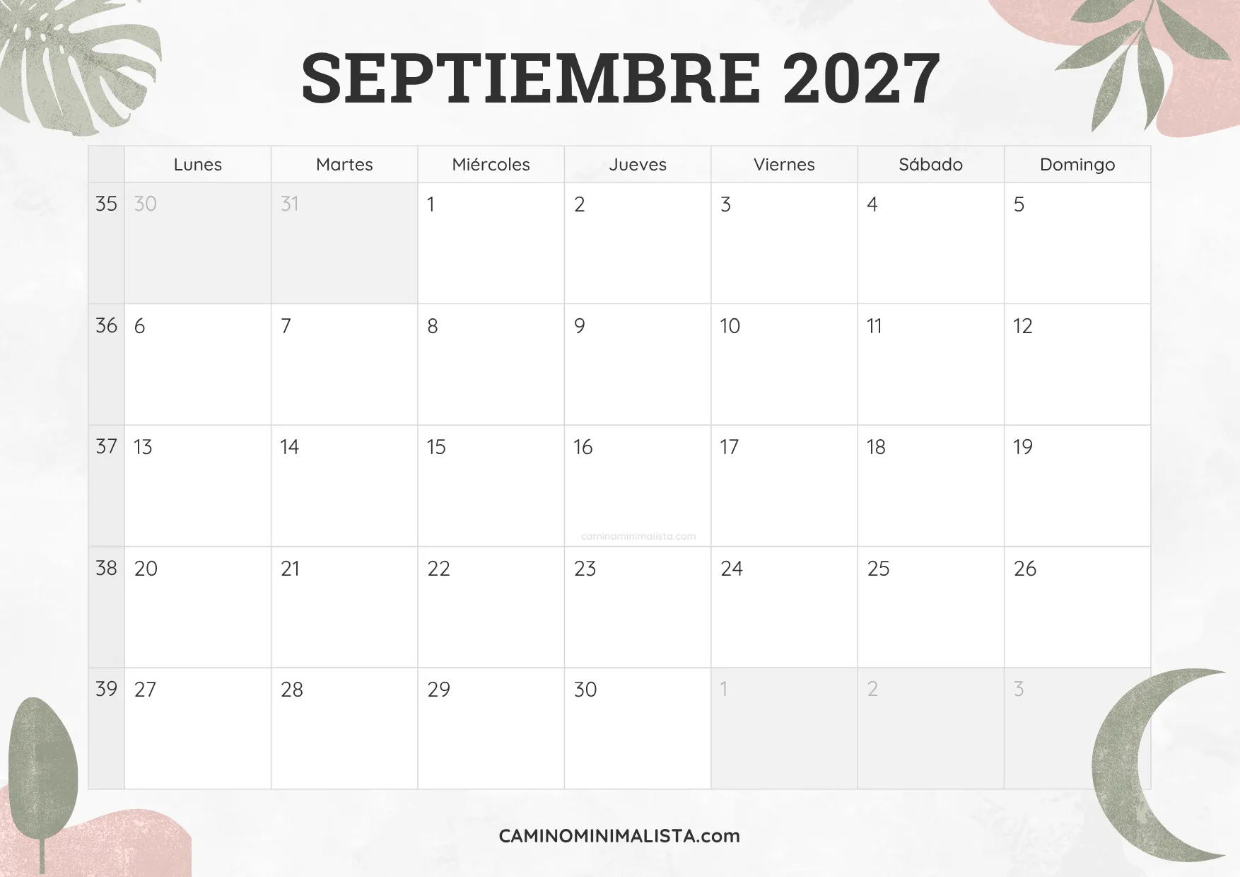 calendario septiembre 2027 diseño acuarela bonito