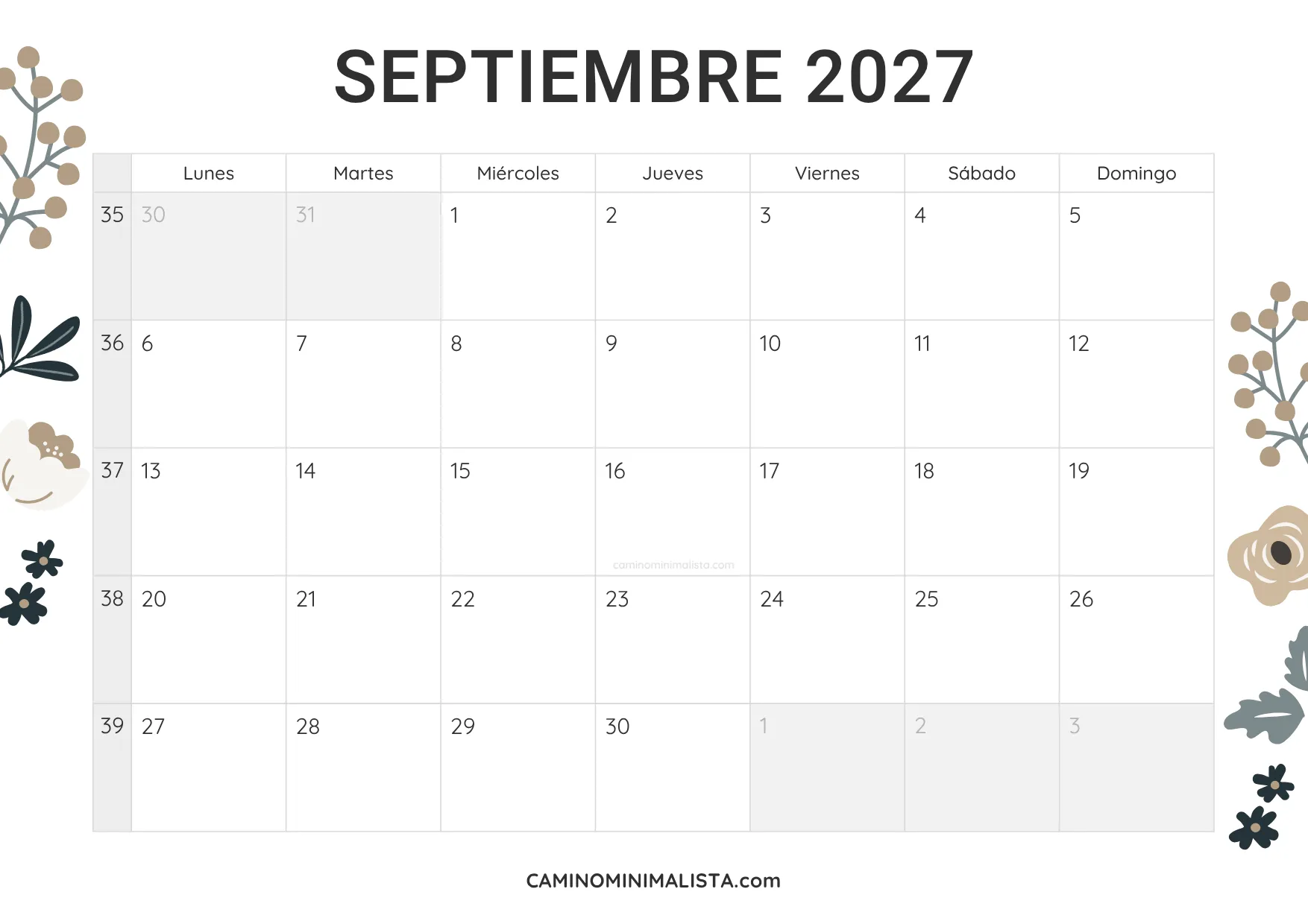 calendario septiembre 2027 diseño vintage