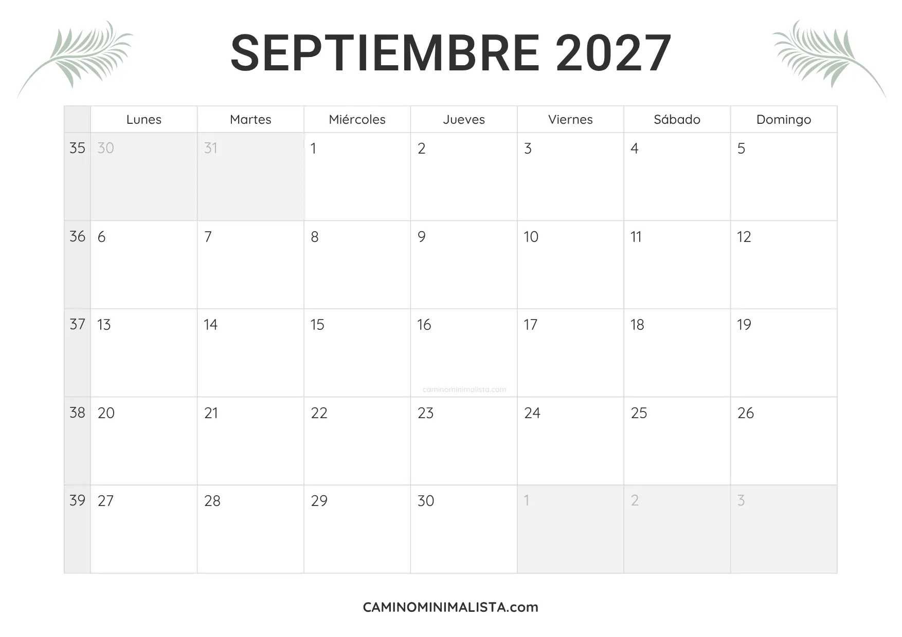 calendario septiembre 2027 minimalista